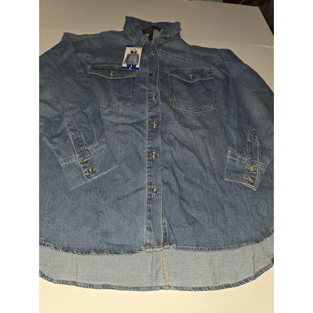 Gloria Vanderbilt Women's Long Sleeve Button-Up Shirt, Blue, Size L